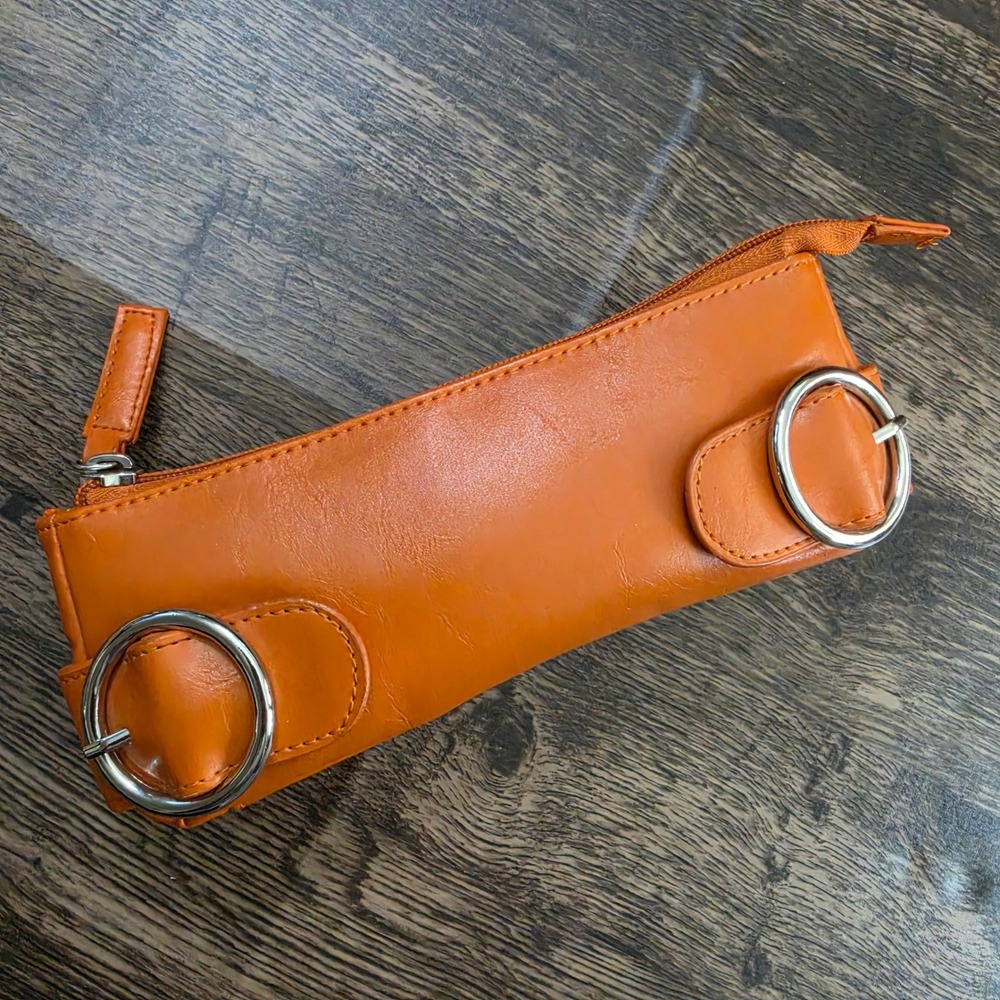 VINTAGE Nordstrom Makeup Pouch Women Small Orange Faux Leather Silver Buckle